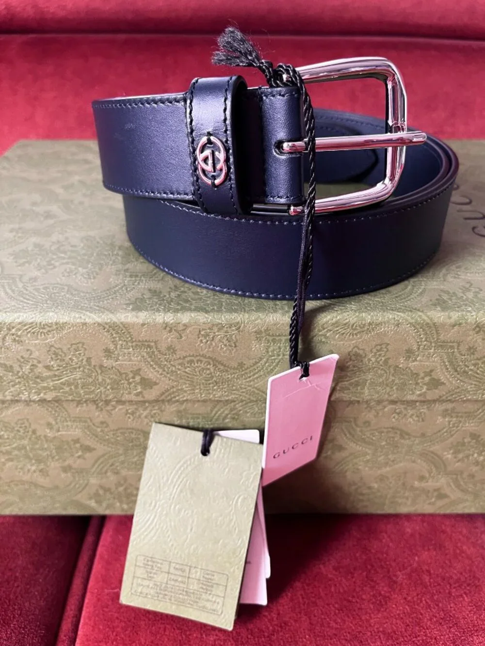 New Gucci Men's Leather Belt Navy Dark Blue Interlocking G detail Size 105 / 41